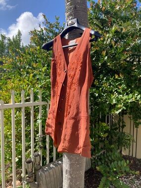 Rust Orange Silk Embroidered Button-Front Vest